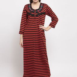 Secret Wish Women Red & Black Striped Woollen Maternity Nightdress-image-48