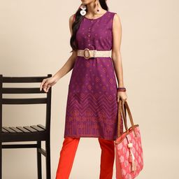 Sangria Women Voilet & Orange Geometric Printed Cotton Kurta-image-43