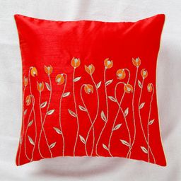 ANS Red Single Floral Embroidered 16'' x 16'' Square Cushion Cover-58
