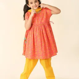 Fabindia Kids Coral & Yellow Floral Print Kurta, Salwar with Dupatta-picture-42