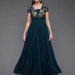 Miss Chase Women's Teal Square Neck Raglan Short Sleeve Self Design Lace Overlaid Georgette Maxi Dress-picture-5