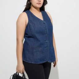 Gia by Westside Dark Blue Denim Waistcoat-Style Top-image-79
