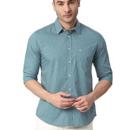 Basics Turquoise Cotton Slim Fit Printed Shirt-picture-3