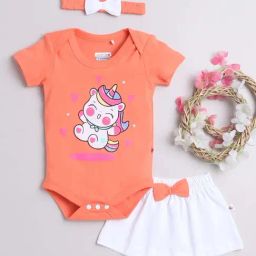Bumzee Kids Orange & White Cotton Printed Bodysuit Set-image-74