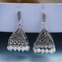 Anouk German Silver Plated Artificial Beaded Oxidised Dome Shaped Jhumkas-12