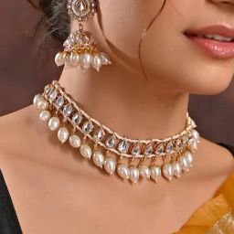 Fida Gold-Plated White Pearl Choker Necklace & Jhumki Earrings Jewellery Set-image-73