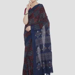 Kalakari India Blue & Maroon Cotton Printed Saree With Unstitched Blouse-picture-25