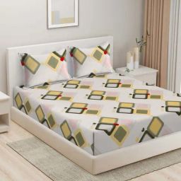 HOSTA HOMES Off-White & Green Cotton 280 TC King Bedsheet with 2 Pillow Covers-image-76