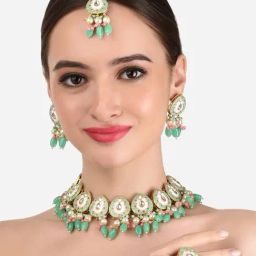 Zaveri Pearls Green & Pink Meenakari Kundan Choker Necklace Earring Maangtikka & Ring Set-ZPFK12211-15