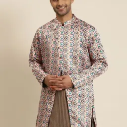 SOJANYA Peach Comfort Fit Floral Print Sherwani Jacket-picture-23