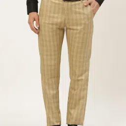 Sojanya Beige Cotton Regular Slim Fit Checks Flat Front Trousers-image-65