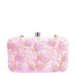 NR by Nidhi Rathi Pink Fabric Minaudiere Clutch-image-66