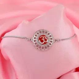 Estele Rhodium-Plated Red Enamel Om Bracelet with Crystals for Women-image-98