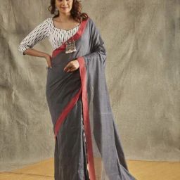 Salwar Studio Grey & Red Cotton Printed Saree-picture-17