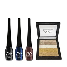 AYA Set of 3 Waterproof Liquid Eyeliner 5ml Each & Shimmer Brick Highlighter 03-3