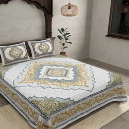 BED-SHEET.COM Blue & Grey Ethnic Motifs King Bedsheet with 2 Pillow Covers-picture-17
