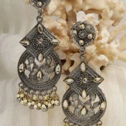 Moedbuille Crystal Ghungroo & Pearl Studded Antique Design Silver-Plated Dangler Earrings-24