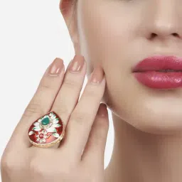 Zaveri Pearls Red & Green Meenakari Floral Design Ethnic Ring-ZPFK13181-image-58