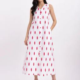 Fablestreet White & Red Cotton Printed Midi Dress-image-5