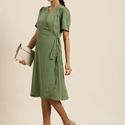 her by invictus Women Olive Green Solid Wrap Dress-image-81