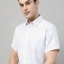 Hancock White & Navy Slim Fit Striped Shirt-image-50