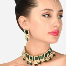Zaveri Pearls Green Mirror & Cluster Pearls Choker Necklace Earring Maangtikka & Ring Set-ZPFK12145-image-96