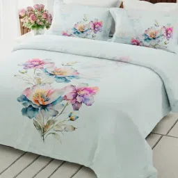 Boutique Living Gardenia Augusta Blue Cotton Floral 300 TC Super king Flat Bedsheet with 2 Pillow Covers-picture-45