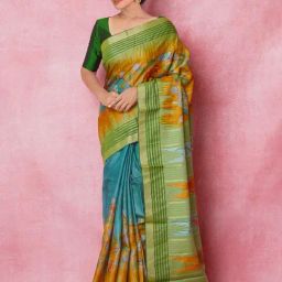 Unnati Silks Green Silk Floral Print Saree With Unstitched Blouse-image-12