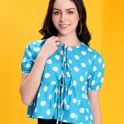 Stylecast X Kotty Polka Dots Printed Puff Sleeves Peplum Crop Top-image-17