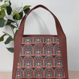 ZOUK Royal Indian Peacock Motif Trapezia Brown Printed Tote Bag-image-85