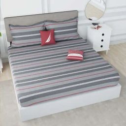 Nautica Hampton Grey & Maroon 100% Cotton 210 TC Super King Bed Size With Pillow Covers-image-27