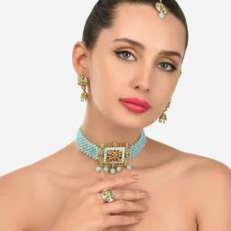 Zaveri Pearls Turquoise Meenakari Crystals Woven Necklace, Earring, Maangtikka & Ring Set-ZPFK12200-10