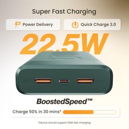Ambrane 27000mAh Powerbank, 20 W Fast Charging, Triple Output (2 USB & 1 Type C), PD, Quick Charge for iPhone, Android & Other Devices, Made in India + Type C Cable (Stylo Pro 27K, Green) image 2