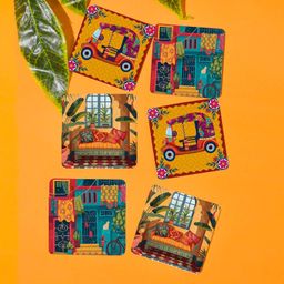 TAJNAN Indian Art Printed Coaster Set of 6 Beautiful Wooden Coasters with Plastic Coating Proper Coaster Stand Designer Coaster (taj-Coaster-auto-h) image 2
