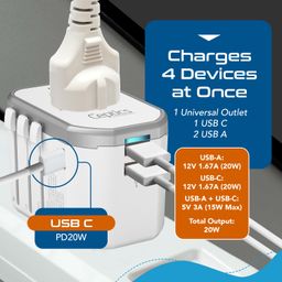 Ceptics 4 in 1 Universal Travel Adapter with Type C - Universal Plug Socket, USB QC 3.0-20W USB-C International Travel Adapter with Lifetime Limited Warranty, Worldwide Travel Adapter, White image 3
