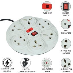 digiway 8 + 1 Round Power Strip Extension Cord/Board With Master Switch, Indicator, Safety Fuse & 8 International Sockets, 2 Meter Cord Wire(Beige), 240 Volts image 4