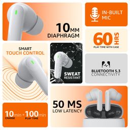 amazon basics True Wireless in-Ear Earbuds with Mic, Low-Latency Gaming Mode, Touch Control, IPX5 Water-Resistance, Bluetooth 5.3, Up to 60 Hours Play Time, Voice Assistance and Fast Charging (White) image 2