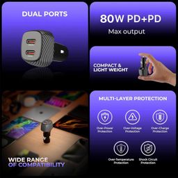 dr vaku DR VAKU® BROTVOLT 80W Car Charger Dual Port Output Fast Charging Type C PD 40W USB Car Mobile Charger Adapter for iPhone 16/15/14/13 All Series, Tablets, Laptop & Android Smartphones- Black image 2