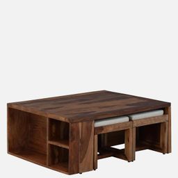 shri ram industries Shriram Sheesham Wood Nesting Coffee Table Set with 4 Cushioned Stools – Rustic Teak Finish image 2