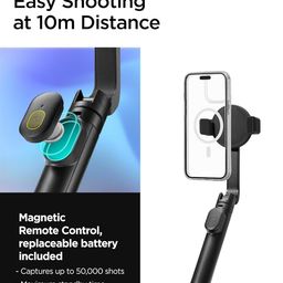 Spigen S573 Selfie Stick Tripod, [Smooth Attach] [Wireless Bluetooth Remote] Enhanced Stability with Rubber Hoder, Optimized for iPhone 16/15/14/13/12 and Other Phones with Magsafe Cases - Black image 5