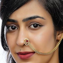 ahoora Gold-plated Beaded With Stone Studed Chain Nose Ring with No Piercing (Nath) for Women image 2