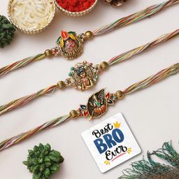 eCraftIndia Set of 3 Lord Ganesha, Krishna, Om Designer Rakhis, Best Bro Ever Fridge Magnet with Roli Chawal Pack - Rakhis for Brother, Bhabhi, Kids image 1