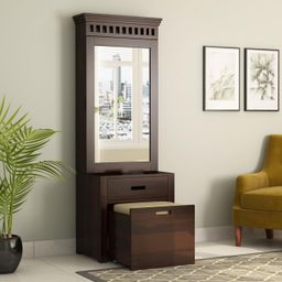 krafting kustoms Wood Dressing Table with Mirror and Storage, Wooden Dressing Table with Stools, Dressing Tables with Drawer and Shelve, Makeup Table Vanity Dressing Table Bedroom Furniture, Walnut Finish image 3