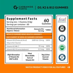 Carbamide Forte Vitamin D3 K2 MK7 & Vitamin B12 Gummies | Vitamin B12 supplements | vitamin K2 mk7, Vitamin D3 supplement & b12 vitamin for Women, Men & Kids | Mango Flavoured - 60 Veg Gummies image 2