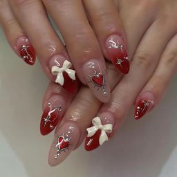 Nakhi 24 Reusable Artificial Base Red colour with White Bow Design Glossy Nails | Lightweight & Long Lasting| Quick Fix For Festivals & Special Occasions image 1