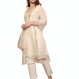 avanshee Women's Latest Straight Embroidred Chanderi Kurta, Pant with Dupatta Set image 1