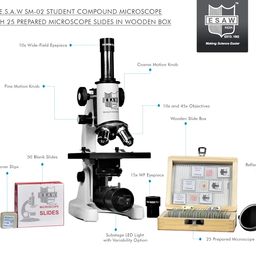 ESAW 1125x Student Compound Microscope with 25 Prepared Microscope Slides, Mag: 100x to 1125x (SM-02) image 2
