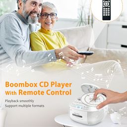 Greadio Boombox CD Player Portable Cassette Player with Bluetooth, FM Radio with Remote Control, AUX/USB Playback, Cassette Recorder, AC Cable/Battery Operated, LCD Screen for Kids (Ivory) image 2