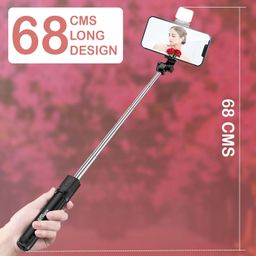 Kratos Selfie Stick Tripod Stand, 3 in 1 Multifunctional Design, Rechargable LED Light with Two Brighness Levels for Make up, Selfie & Photo Shoot, Selfie Stick with Bluetooth Remote (70cm with light) image 3