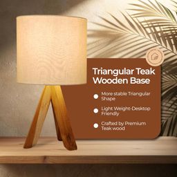 Modern Teak Tripod Table Lamp with Wooden Base and White Fabric Shade, Bedside Desk Light for Living Room I Bedside Lamp for Night/Study Lamp I Size 16.75 in x 8.6 in image 2